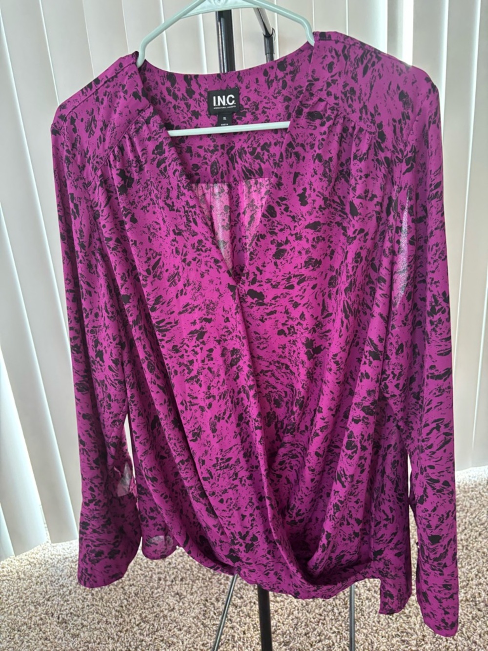 INC International Concepts Magenta and Black Printed Wrap-Style Blouse